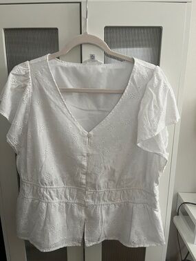 White Eyelet V-Neck Peplum Blouse